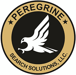 A gold and black logo for peregrine search solutions.